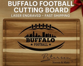 Buffalo Football Cutting Board Gift Set – Personalized Acacia Board with Optional Towel, Cheese Spreaders & Gift Wrap