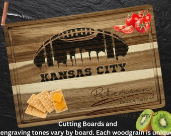 Kansas City Custom Cutting Board – Personalized Acacia Wood Football Gift, Laser Engraved Serving Board, Sports Fan Super Bowl Party Decor