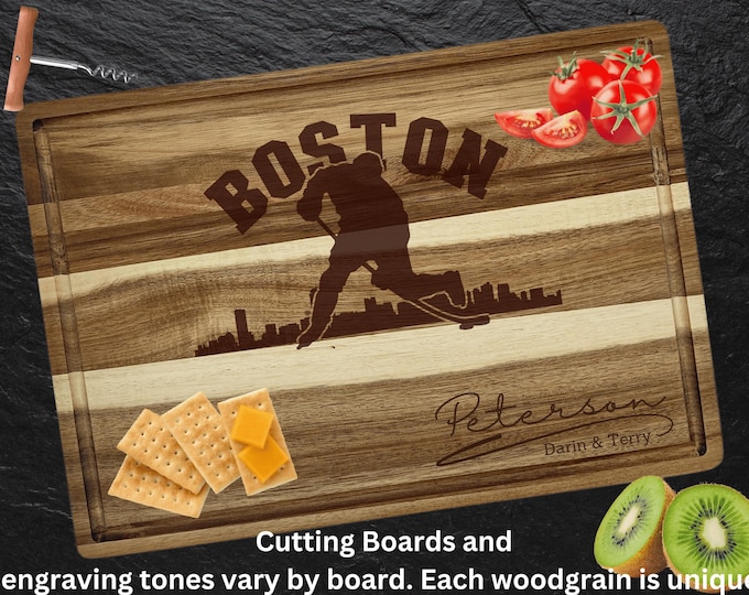 Boston Cutting Board | Personalized Cutting Board | Hockey Fan Gift | Acacia Wood Charcuterie Board | Custom Cheese Chopping Board