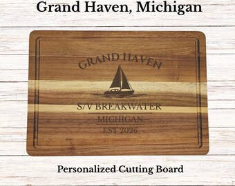 Grand Haven Sailboat Cutting Board, Personalized Michigan Gift, Custom Boat Name, Engraved Acacia Wood, Nautical Kitchen Decor