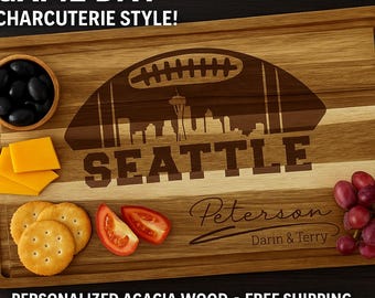 Personalized Seattle Football Cutting Board – Custom Engraved Acacia Wood Cheese Board – Sports Fan Game Day Gift