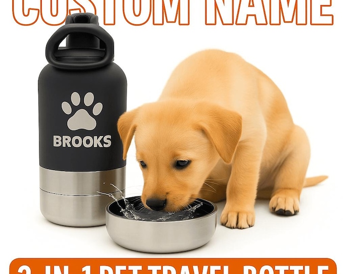 Personalized Dog Travel Water Bottle | Custom Pet Name 3-in-1 Stainless Steel Food & Water Bottle | Hiking Camping Pet Gift