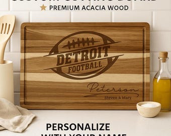 Personalized Detroit Football Cutting Board: Acacia Wood Sports Fan Gift