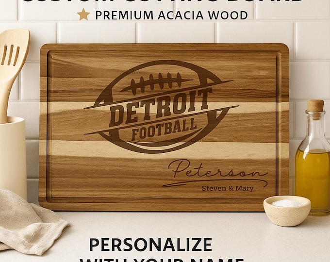 Personalized Detroit Football Cutting Board: Acacia Wood Sports Fan Gift