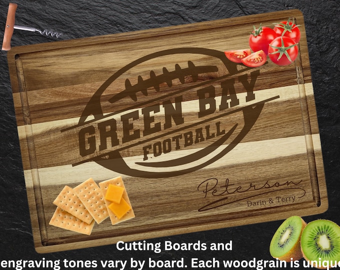 Green Bay Football Cutting Board | Personalized Acacia Wood Charcuterie Tray | Custom Super Bowl Party Gift for Sports Fans