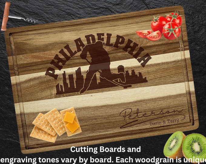 Philadelphia Cutting Board | Personalized Cutting Board | Hockey Fan Gift | Acacia Wood Charcuterie Board | Custom Cheese Chopping Board