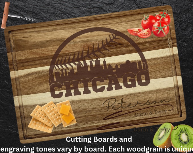 Chicago Cutting Board | Personalized Cutting Board | Baseball Fan Gift | Tailgating Wood Charcuterie Board | Custom Cheese Chopping Board