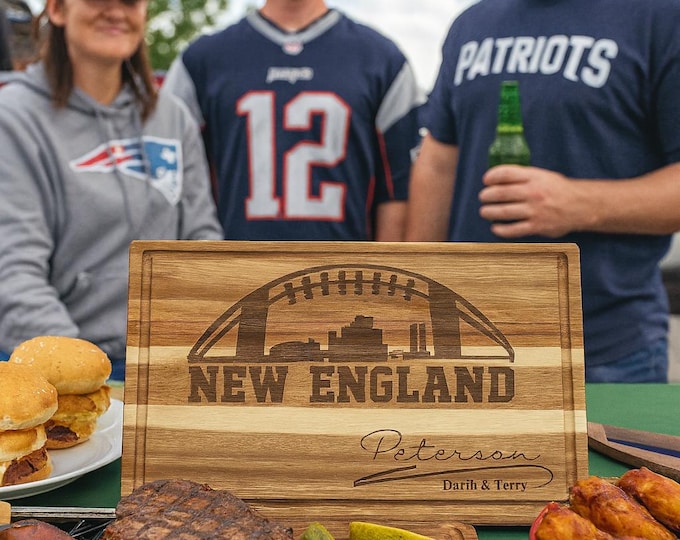 Personalized New England Football Cutting Board – Custom Engraved Acacia Wood Cheese Board – Sports Fan Game Day Gift