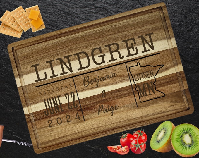 Personalized Cutting Board | Wedding Gift | Acacia Wood Charcuterie Board | Custom Rectangular Cheese Chopping Board | Couples Gift
