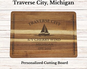 Traverse City Sailboat Cutting Board, Personalized Michigan Gift, Custom Boat Name, Engraved Acacia Wood, Nautical Decor