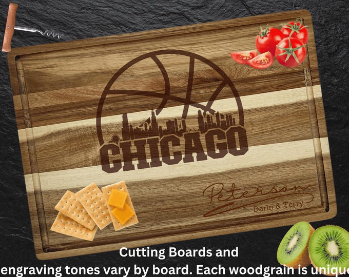 Chicago Cutting Board | Personalized Cutting Board | Basketball Fan Gift | Acacia Wood Charcuterie Board | Custom Cheese Chopping Board