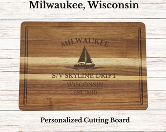 Milwaukee Sailboat Cutting Board, Personalized Wisconsin Gift, Custom Boat Name, Engraved Acacia Wood, Nautical Kitchen Decor