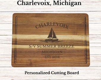 Charlevoix Sailboat Cutting Board, Personalized Michigan Gift, Custom Boat Name, Engraved Acacia Wood, Nautical Decor