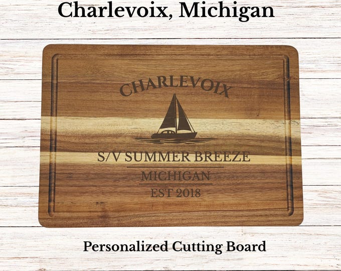 Charlevoix Sailboat Cutting Board, Personalized Michigan Gift, Custom Boat Name, Engraved Acacia Wood, Nautical Decor
