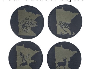 Minnesota Sportsman Coasters | Round Slate Drink Coasters | Minnesota Outdoors Gift | Minnesota Fishing and Hunting Coasters | Cabin Decor