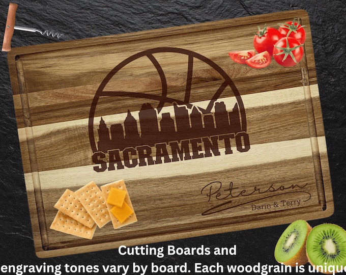 Sacramento Cutting Board | Personalized Cutting Board | Basketball Fan Gift | Acacia Wood Charcuterie Board | Custom Cheese Chopping Board