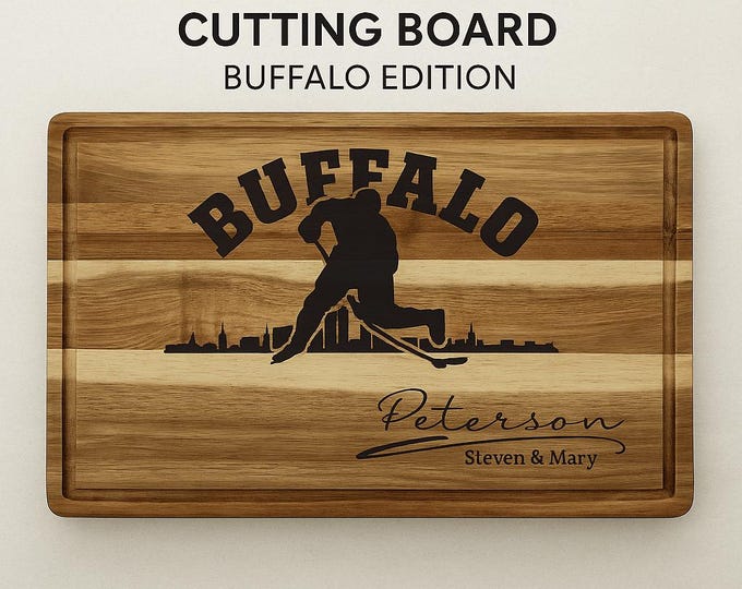 Buffalo Acacia Cutting Board Personalized for Hockey Fans with Gift Set Option