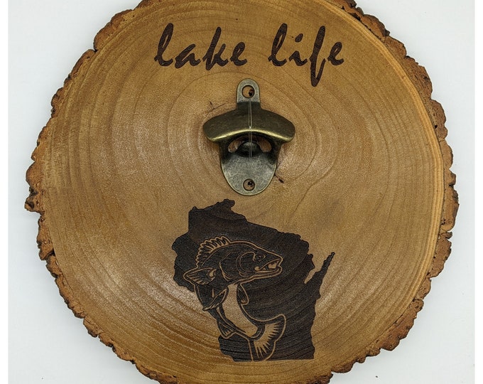 Wall Mount Bottle Opener Laser Engraved With Magnetic Cap Catcher - 11.5" Round - Wisconsin Lake Life