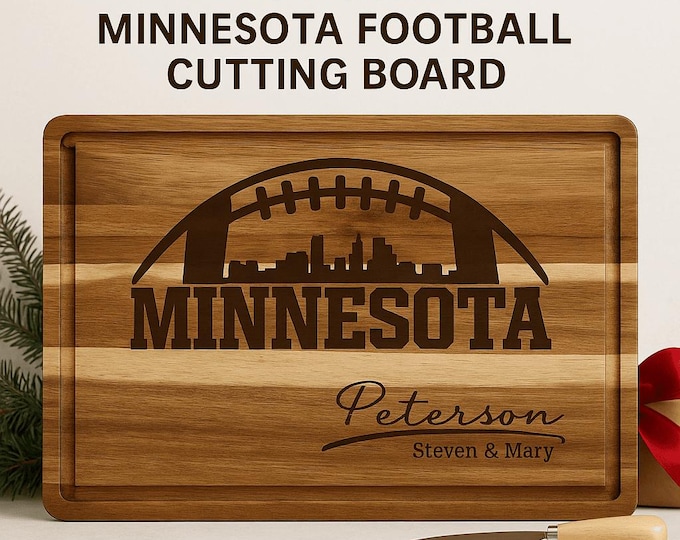 Minnesota Football Cutting Board Gift Set – Personalized Acacia Board with Optional Towel, Cheese Spreaders & Gift Wrap