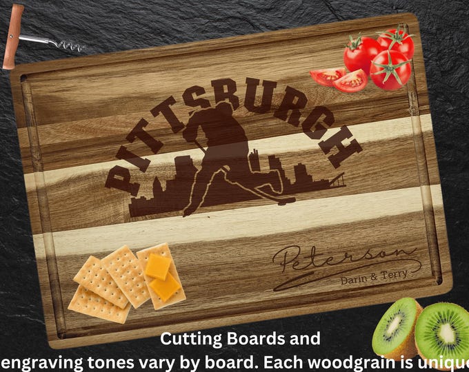 Pittsburgh Cutting Board | Personalized Cutting Board | Hockey Fan Gift | Acacia Wood Charcuterie Board | Custom Cheese Chopping Board