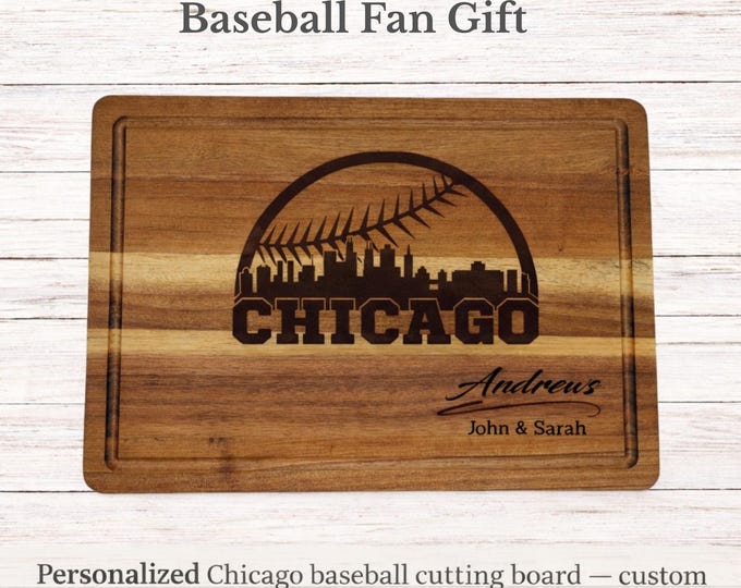 Chicago Baseball Cutting Board, Personalized Baseball Fan Gift, Skyline Wood Board, Custom Name Kitchen Decor, Sports Fan Gift