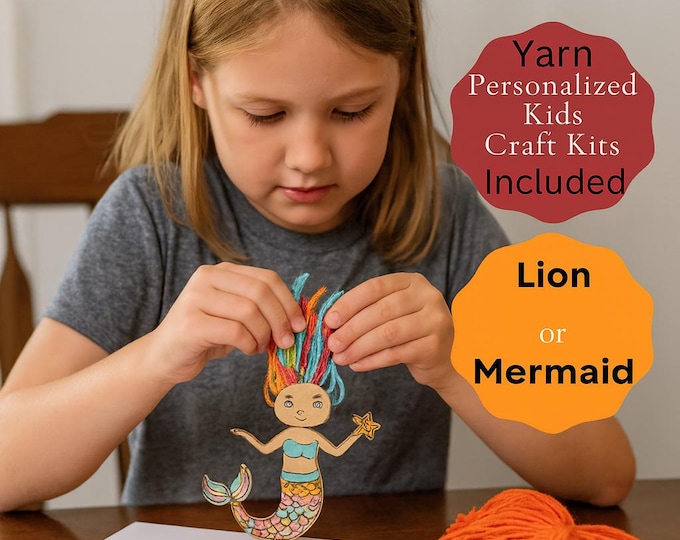 Kids Craft Yarn Kit – Mermaid or Lion DIY Wood Craft | Creative Art Activity for Kids | Birthday Gift | Toddler Craft Kit | Handmade in USA