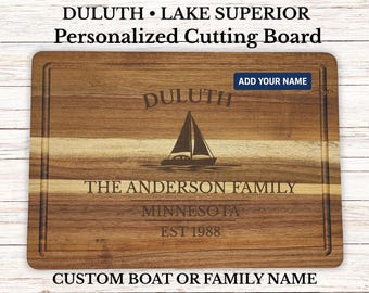 Personalized Duluth Cutting Board, Lake Superior Gift, Custom Boat Gift, Engraved Wood Board, Minnesota Gift, Housewarming Gift