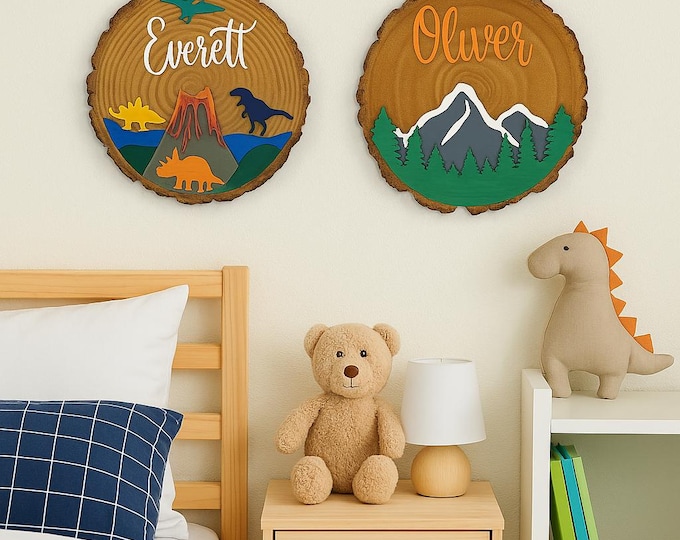 Personalized Kids Wooden Name Sign | Custom Dinosaur or Mountain Room Decor | Baby Shower Gift | Hand Painted Wood Wall Art