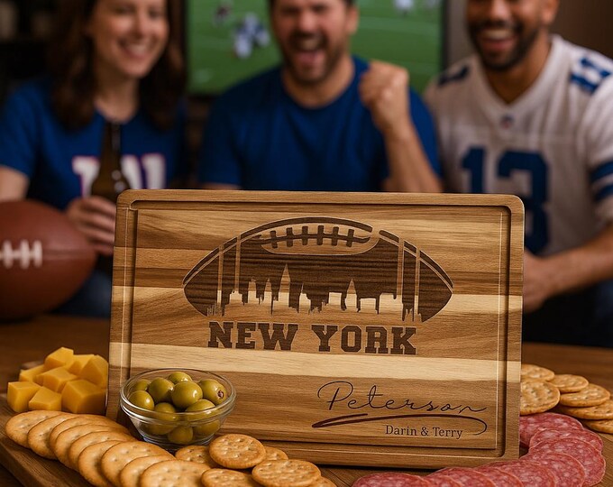 Personalized New York Football Cutting Board – Custom Engraved Acacia Wood Cheese Board – Sports Fan Game Day Gift