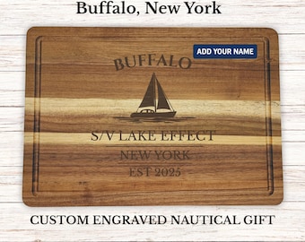 Personalized Nautical Cutting Board, Boat Owner Gift, Custom Engraved Wood, Lake Erie Gift, Buffalo New York, Housewarming Gift