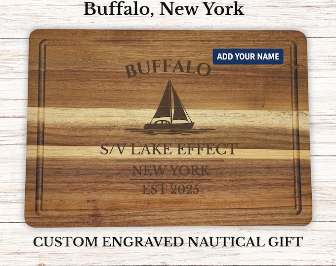 Personalized Nautical Cutting Board, Boat Owner Gift, Custom Engraved Wood, Lake Erie Gift, Buffalo New York, Housewarming Gift