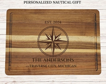 Personalized Cutting Board Nautical Compass Gift Custom Engraved Acacia Wood Wedding Housewarming Gift for Couples Anniversary