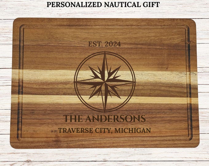 Personalized Cutting Board Nautical Compass Gift Custom Engraved Acacia Wood Wedding Housewarming Gift for Couples Anniversary