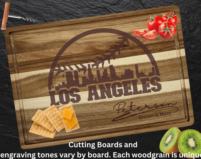 Custom Los Angeles Baseball Cutting Board | Personalized Acacia Wood Board | Engraved Los Angeles Skyline Gift | Sports Fan Housewarming