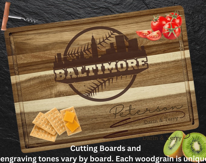 Baltimore Cutting Board | Personalized Cutting Board | Baseball Fan Gift | Acacia Wood Charcuterie Board | Custom Cheese Chopping Board