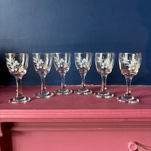 May include: A set of six clear glass cordial glasses, each with a white floral pattern and gold rim. They are displayed on a pink surface, set against a blue backdrop. The glasses have a vintage style.