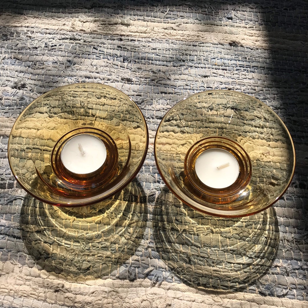 2 X Amber Glass Tea Light Holders Etsy UK
