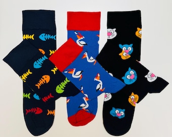 Colorful Socks - Animals - Pelican - Cat - Fish - Fishbones