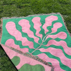 Pink Green Matisse Leaf Beach Throw Blanket | Modern Minimalist Decor | Funky Tapestry Outdoor Blanket | Fringe Sofa Picnic Travel Throw