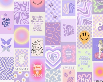 50 Stück Lila Wand Collage Kit | Ästhetische Collage Physische Drucke 4x6 | Danish Pastell Raumdeko | Swirl Flower Karo Smile Funky