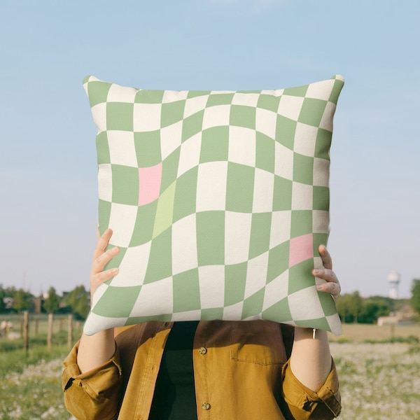 Green Checkered Throw Pillow Cover | Aesthetic Y2K Decor Pillow Case 18x18 | Danish Pastel Cushion Cover 20x20 16x16 | Distort Checkerboard