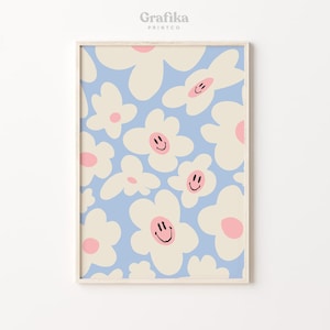 Groovy Smile Flower Danish Pastel Printable | Y2K Aesthetic Bedroom Wall Decor | Pinterest Poster | Blue Pink Print | Instant Download