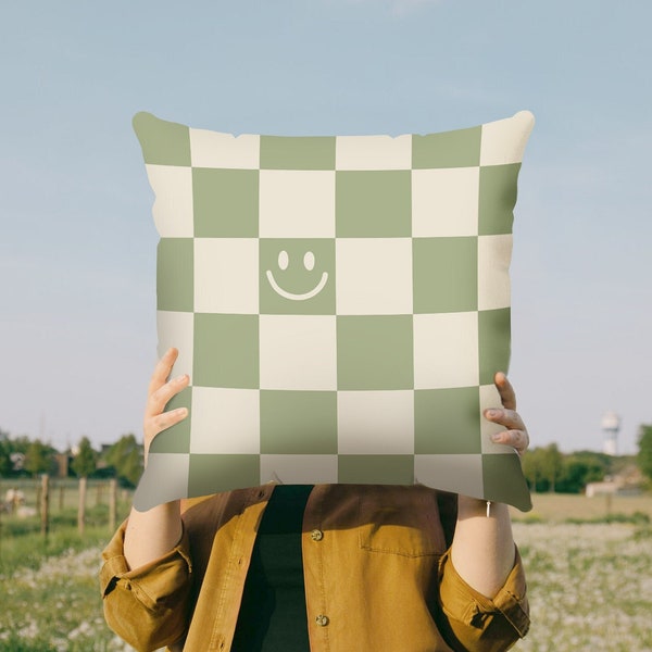 Sage Green Smile Checkered Throw Pillow Cover | Danish Pastel Pillow Case 18x18 | Y2K Aesthetic Cushion 20x20 16x16 | VSCO Funky Room Decor