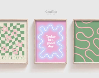 Funky Danish Pastel Printable Set of 3 | Pink Green Aesthetic Room Decor | Pinterest Prints | Flower Groovy Retro Checkerboard Posters
