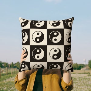 Yin Yang Checkerboard Throw Pillow Cover | Danish Pastel Cushion 20x20 | Y2K Aesthetic Room Decor 18x18 16x16 in Black White