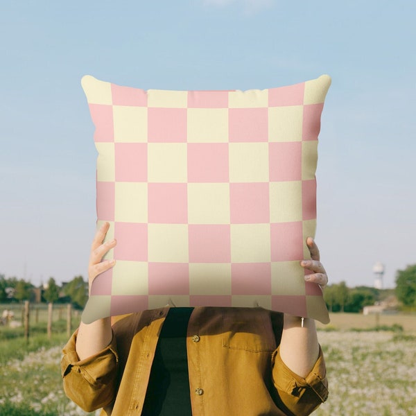 Pink Check Danish Pastel Pillow Cover | Aesthetic Cushion 20x20 16x16 | VSCO Room Decor | Funky Dorm Room Decor | Teenage Bedroom Pillow