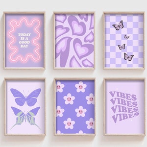Purple Danish Pastel Poster Set | Y2K Aesthetic Room Decor | Pinterest Prints | Butterfly Swirl Flower Checkerboard Funky | Instant Download