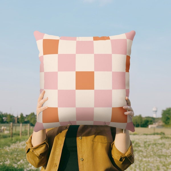 Retro Checkered Pillow Cover in Pink Orange | Danish Pastel Pillow Case 18x18 | Y2K Aesthetic Cushion 20x20 16x16 | VSCO Funky Room Decor