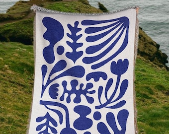 Blue Matisse Funky Motifs Throw Blanket | Modern Minimalist Scandi Tapestry Throw Woven | Flower Leaf Sofa Picnic Travel Fringe Blanket