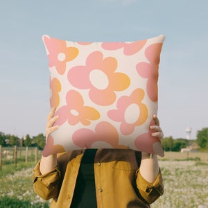 Pink Orange Floral Pillow Cover | Danish Pastel Groovy Pillow 18x18 12x12 | Y2K Aesthetic Cushion 14x14 16x16 | VSCO Funky Room Decor